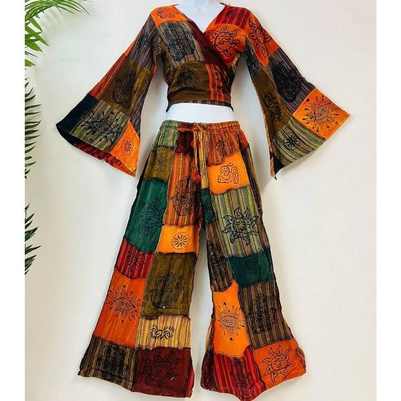 Orange Handmade BoHo Motif Patchwork Palazzo Pants & Flare‎ Sleeve Top 2-Piece - Picture 1 of 3